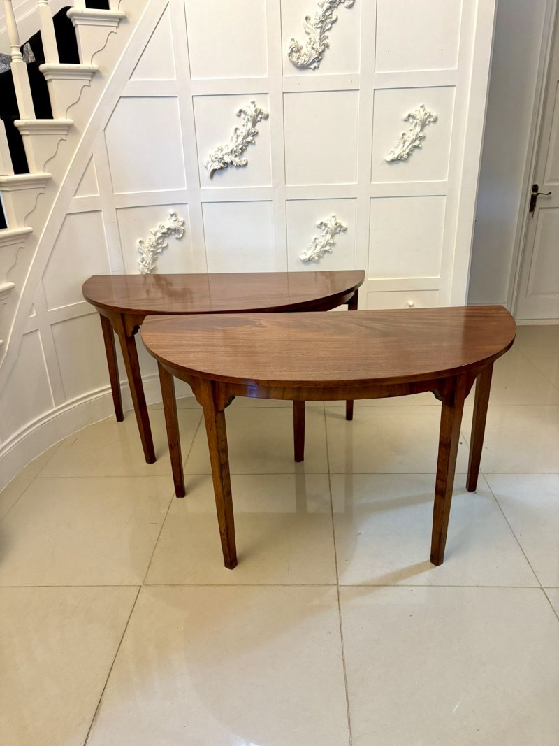 Pair of Antique George III Quality Figured Mahogany Shaped Demi Lune Console Tables - Image 2